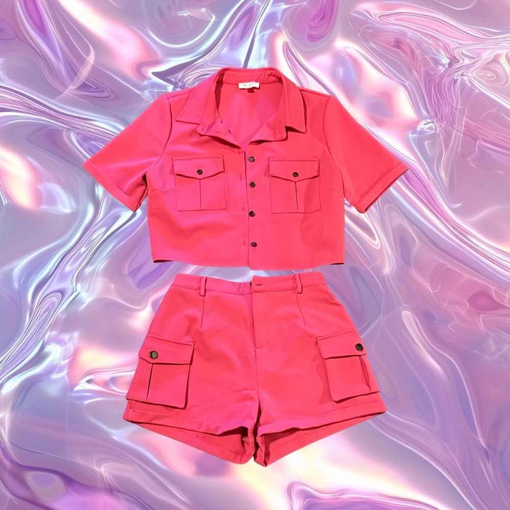 Barbie Pink Utility Crop Top & Cargo Shorts Set | Size L (Fits M) | NWT-Like